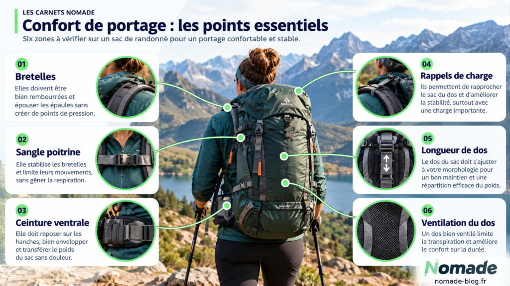 Randonneuse de dos avec un sac sur le dos devant une vue de montagne
