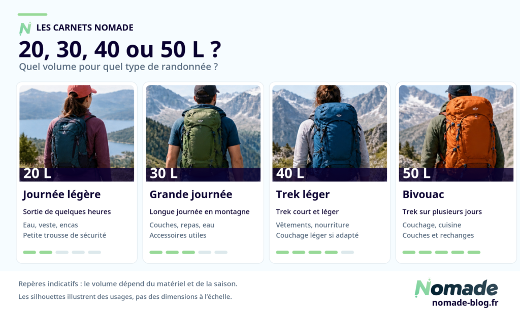 Comparatif visuel de sacs à dos de randonnée de 20 à 50 litres